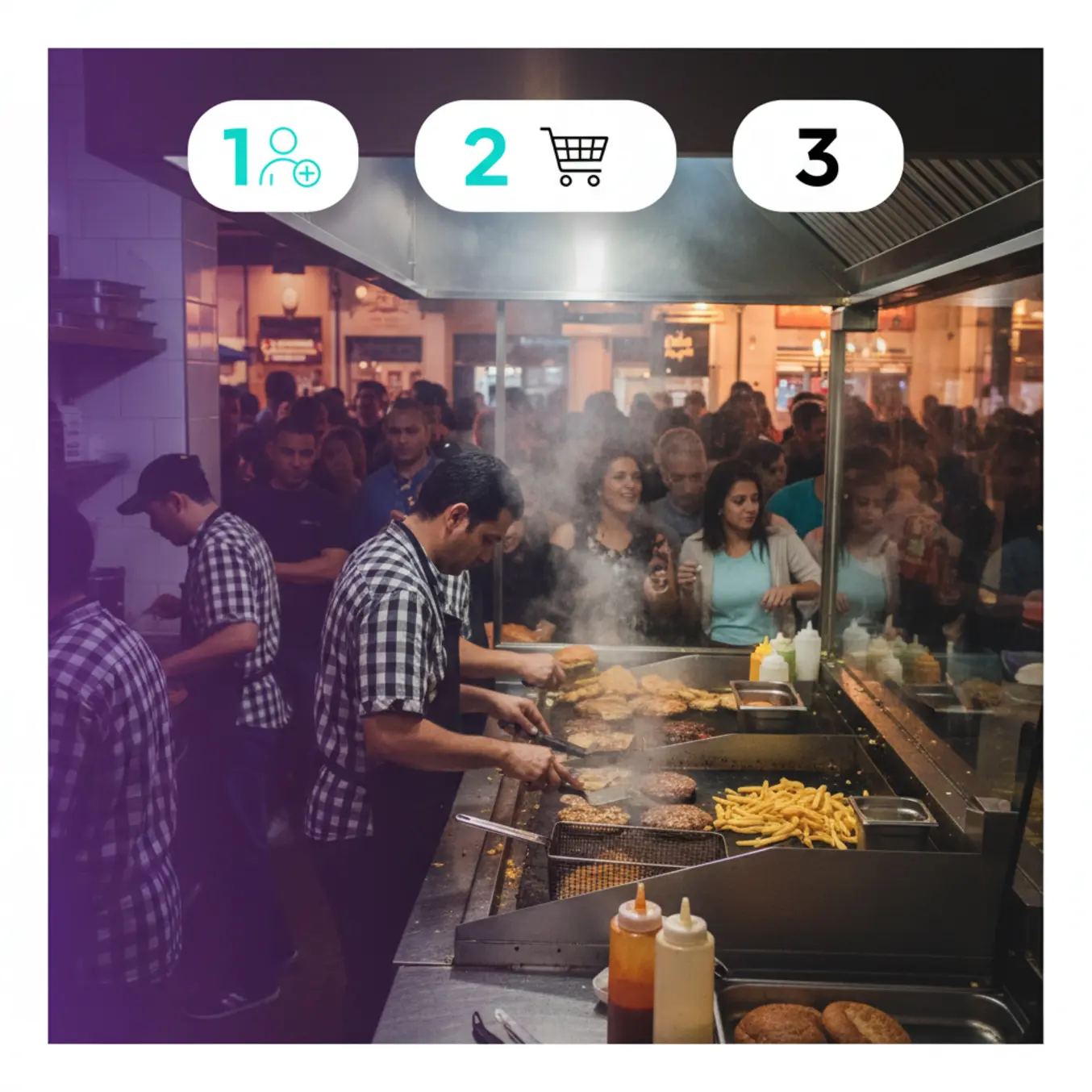 Cozinha de hamburgueria movimentada com sacolas de delivery prontas.