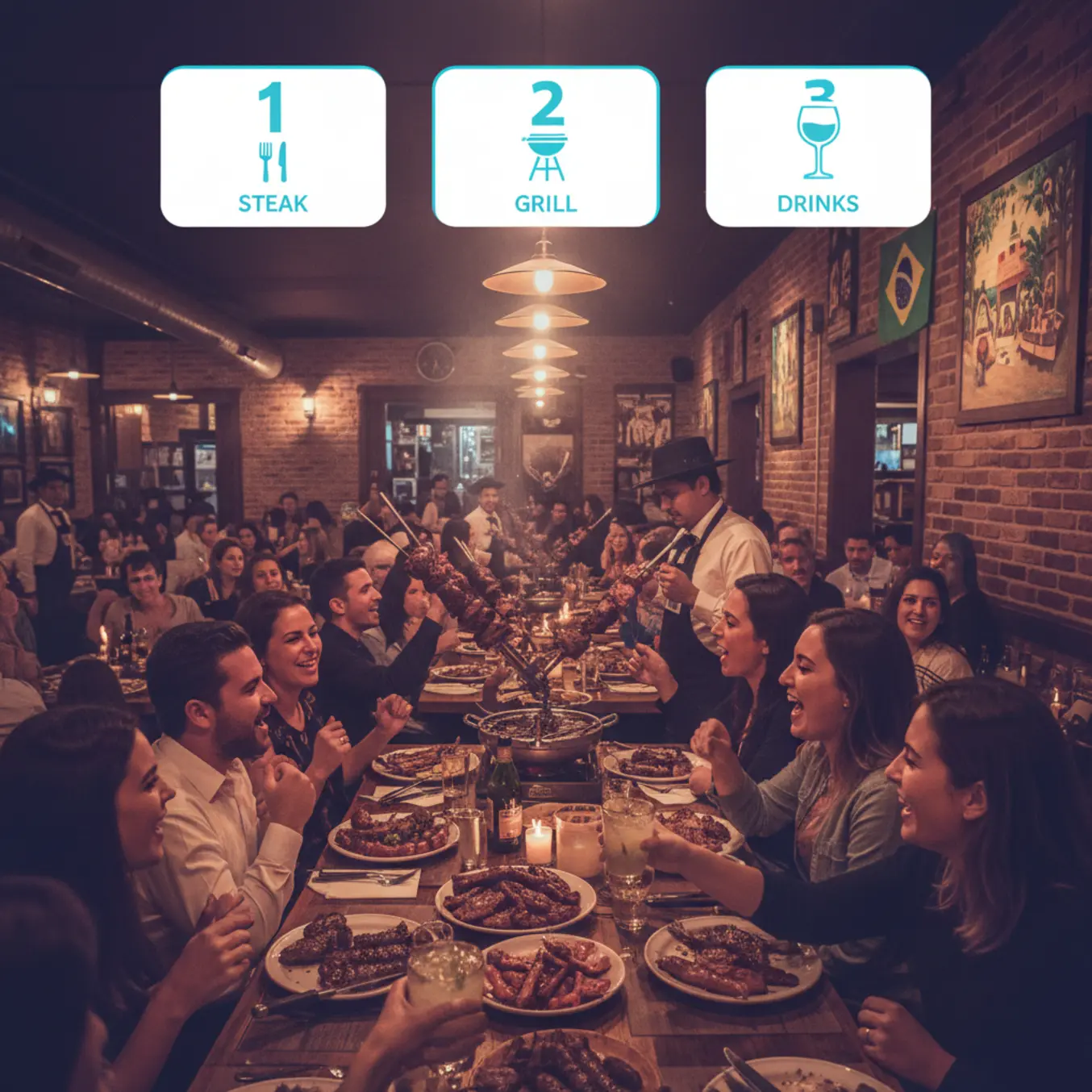 Interior de churrascaria lotada com interface digital de estratégia numerada.