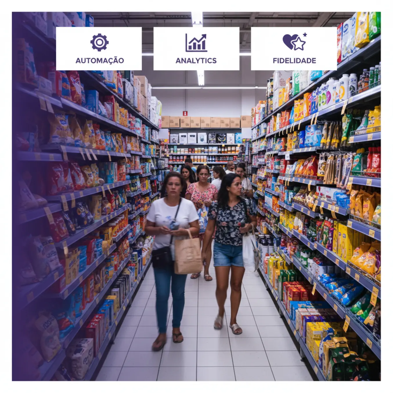 Loja de utilidades movimentada com ícones de estratégia de vendas e fidelização.
