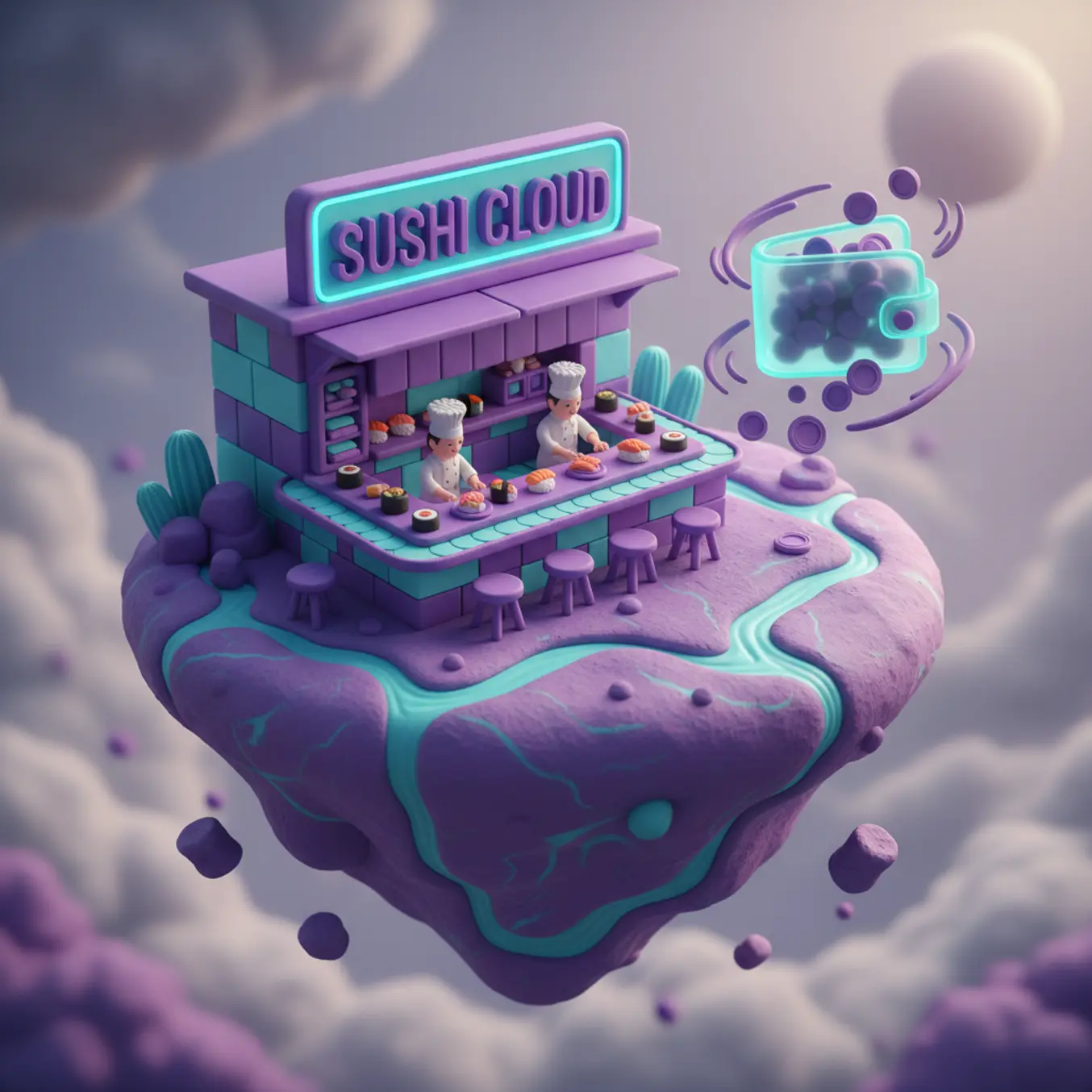 Ilha 3D de temakeria com carteira e moedas simbolizando lucro