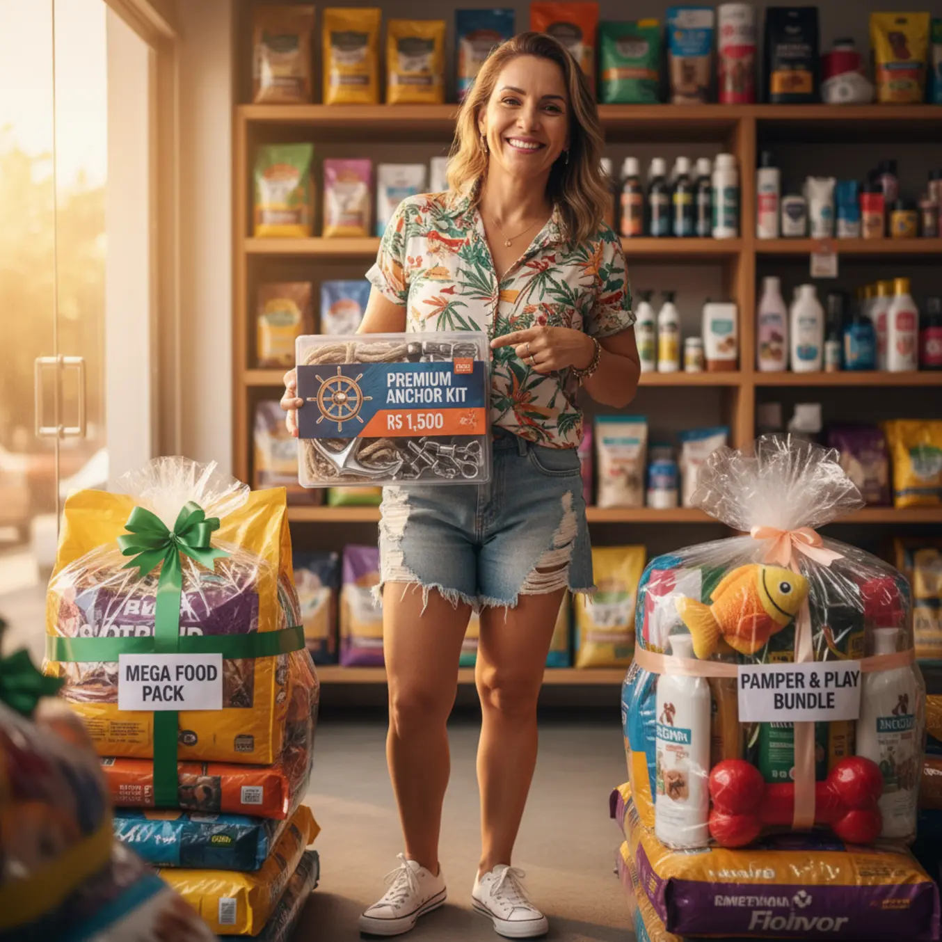 Dono de pet shop exibindo kit premium com precos de ancora