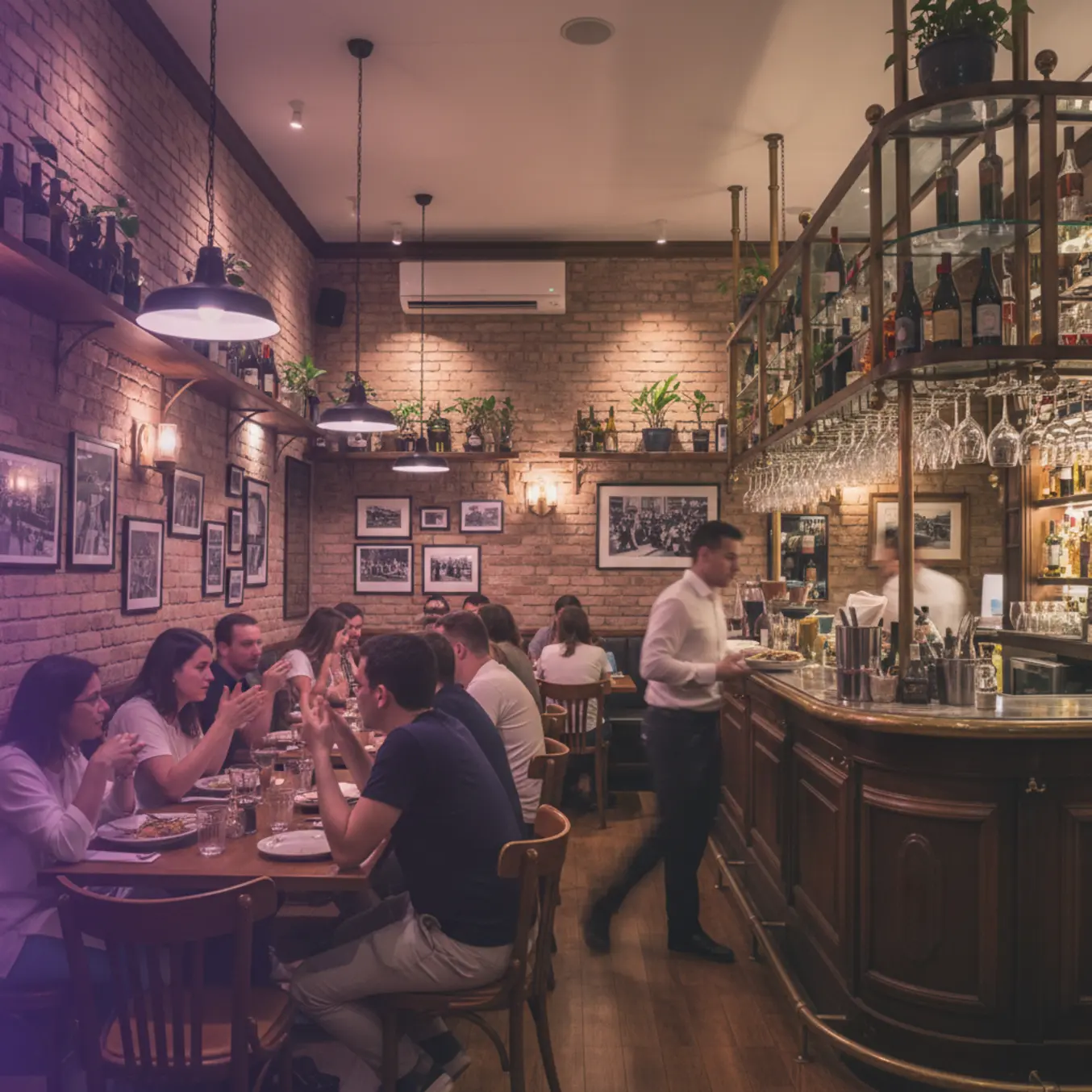 Interior acolhedor de restaurante com clientes celebrando aniversário marketing estratégico