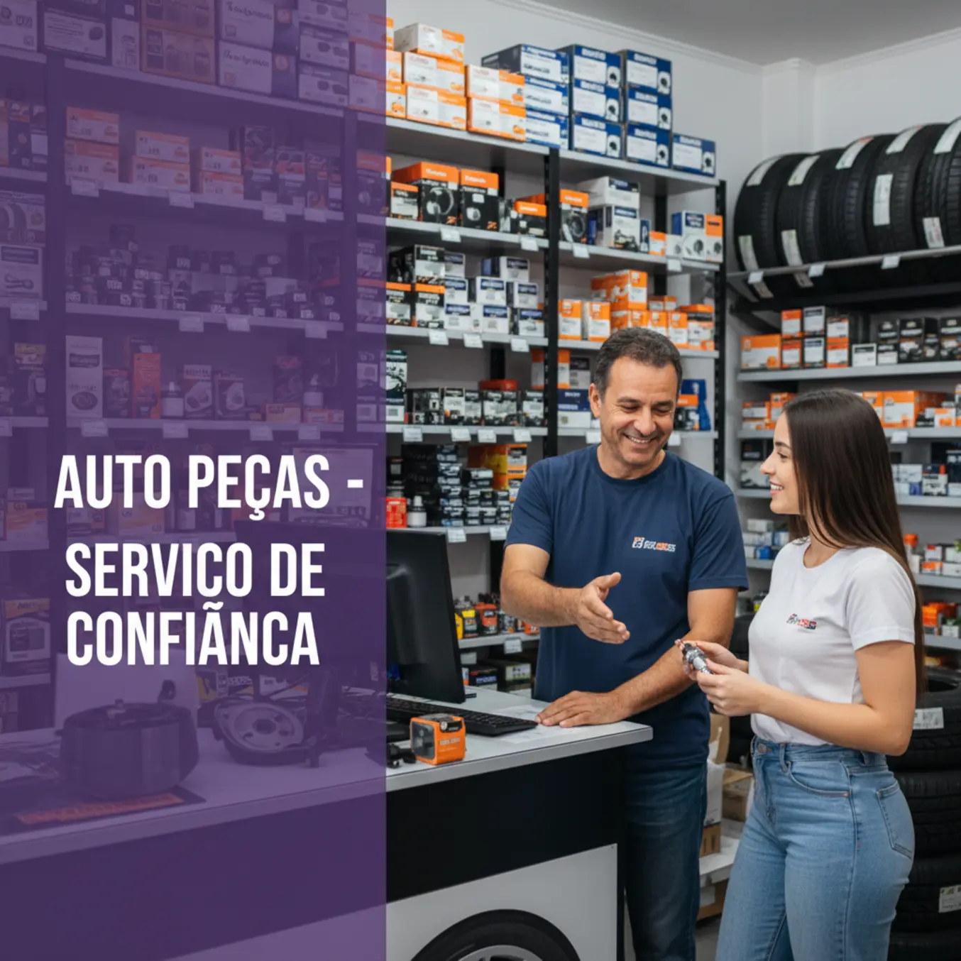 Dono de autopeças atendendo cliente no balcão com simpatia e profissionalismo