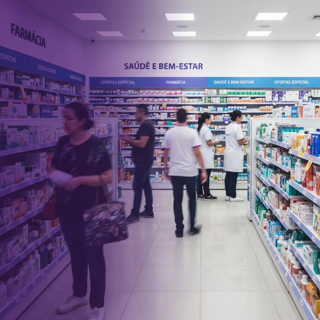 Farmácia de bairro movimentada com clientes e diferencial competitivo visual