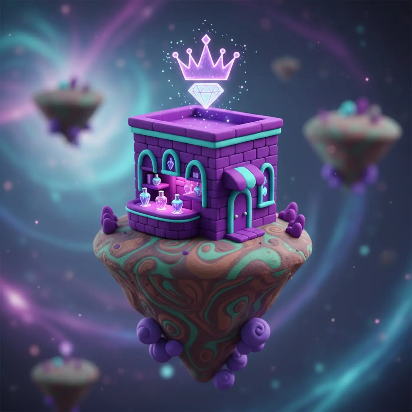 Miniatura 3D de perfumaria com coroa simbolizando status e retenção VIP