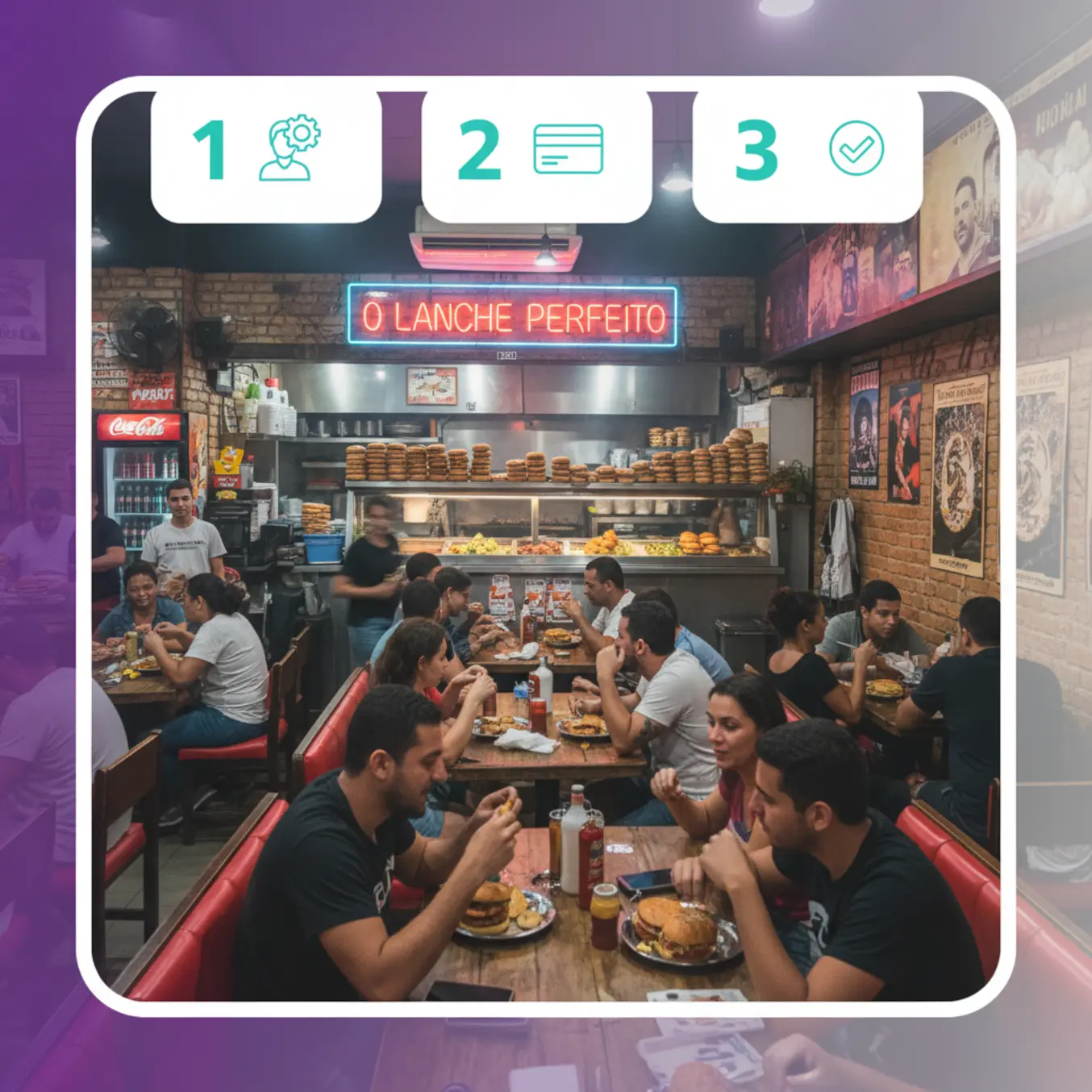 Hamburgueria cheia em São Paulo com passos de fidelização.