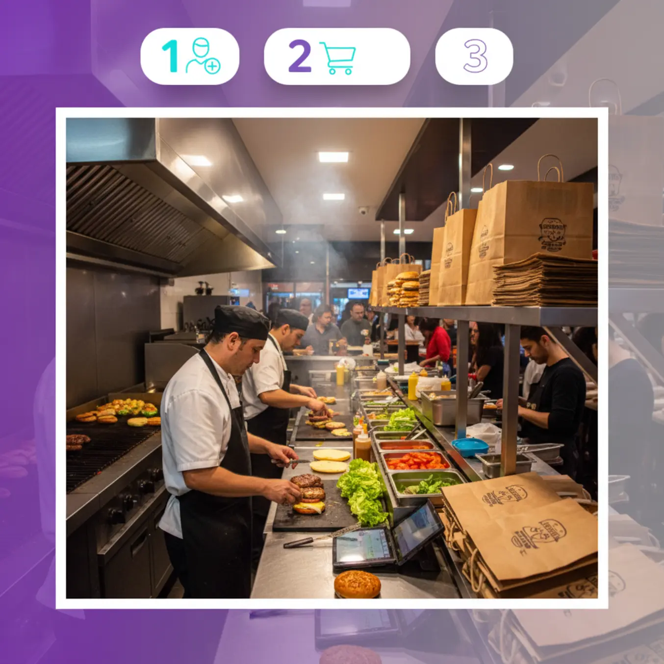 Cozinha de hamburgueria delivery movimentada ilustrando estratégias de prova social