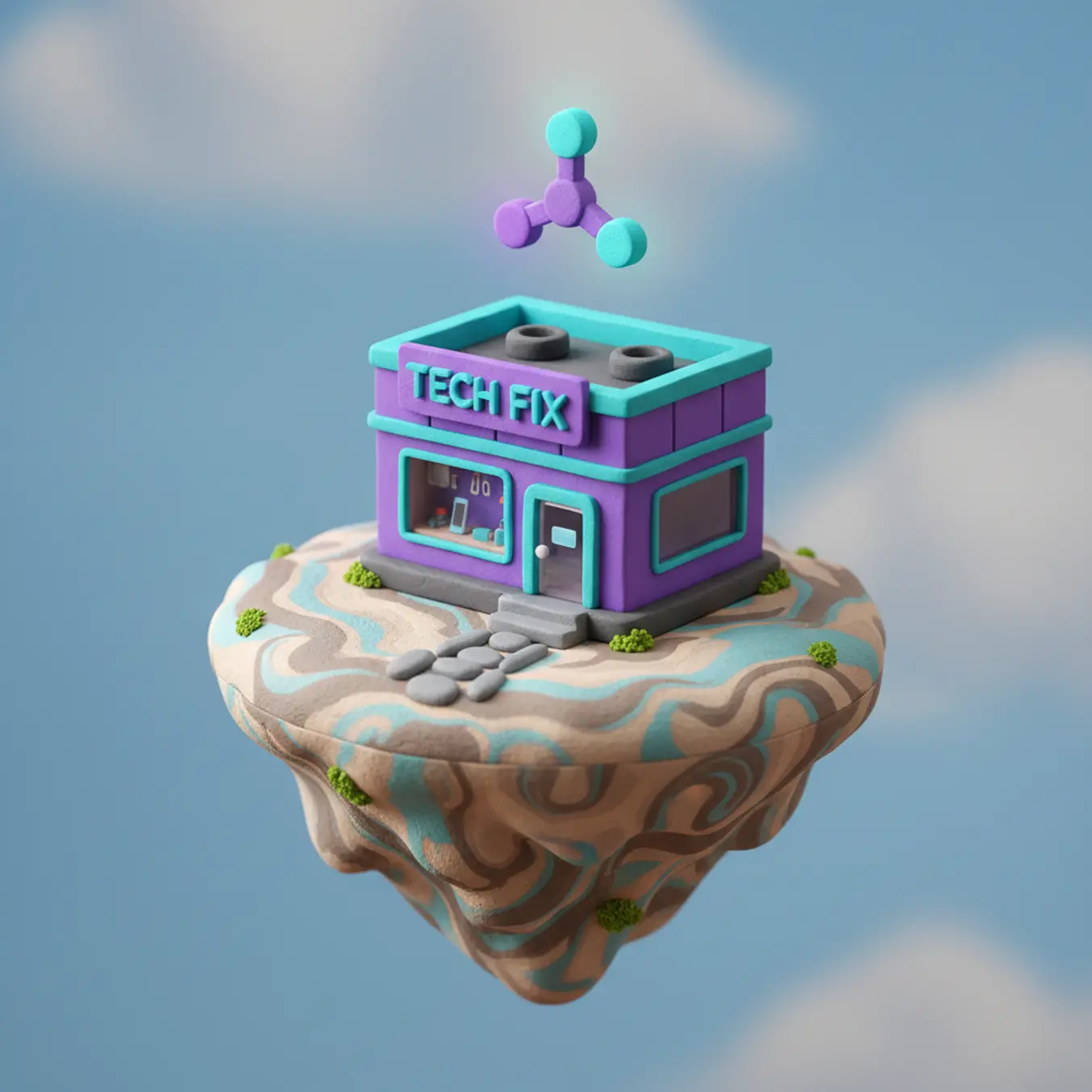 Ilha 3D de assistência técnica com ícone de rede conectado