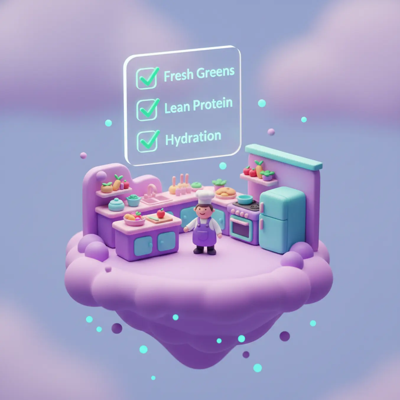 Miniatura 3D de cozinha de marmitaria com checklist de fidelidade