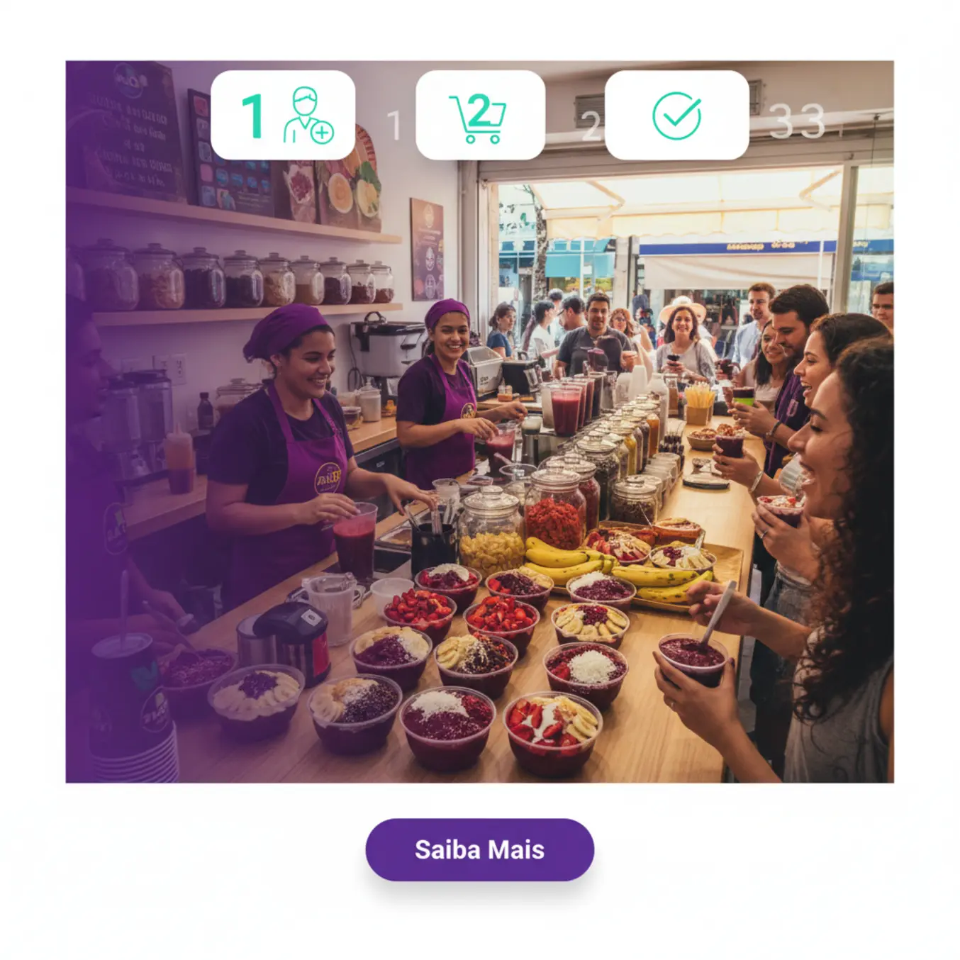 Loja de açaí movimentada com passos para programa de fidelidade por pontos