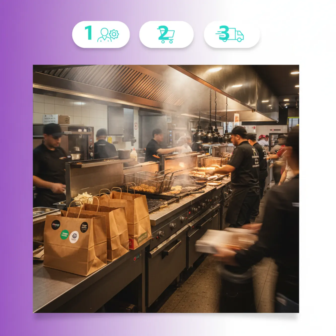 Cozinha de hamburgueria movimentada com entregas e interface de passos numerados.