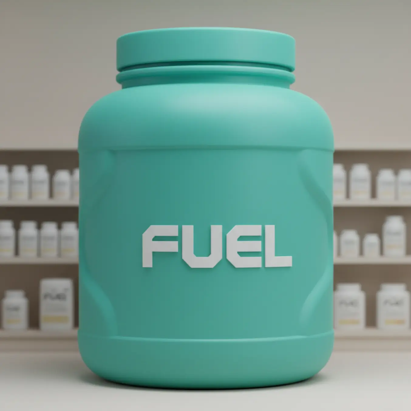 Pote de proteína 3D gigante representando recorrência em loja de suplementos