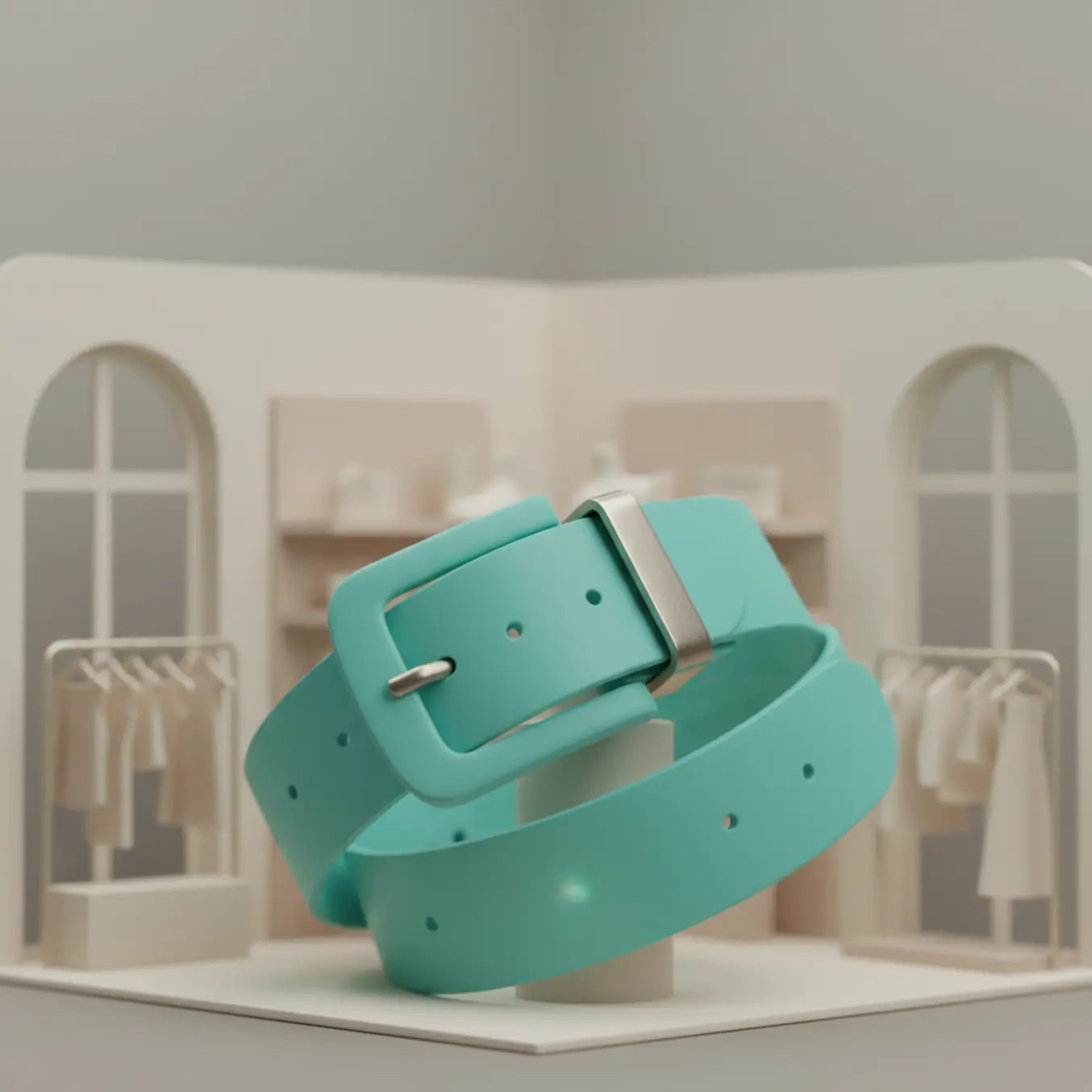 Cinto 3D verde água em loja de roupas minimalista ticket médio.