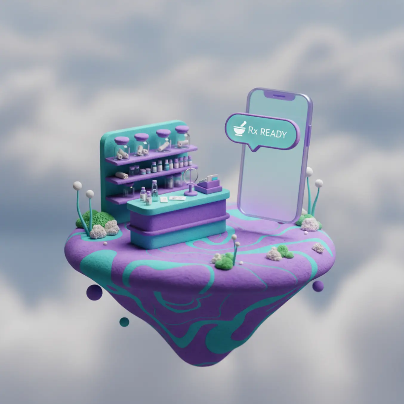 Ilha 3D com farmácia miniatura e celular exibindo notificação de pontos