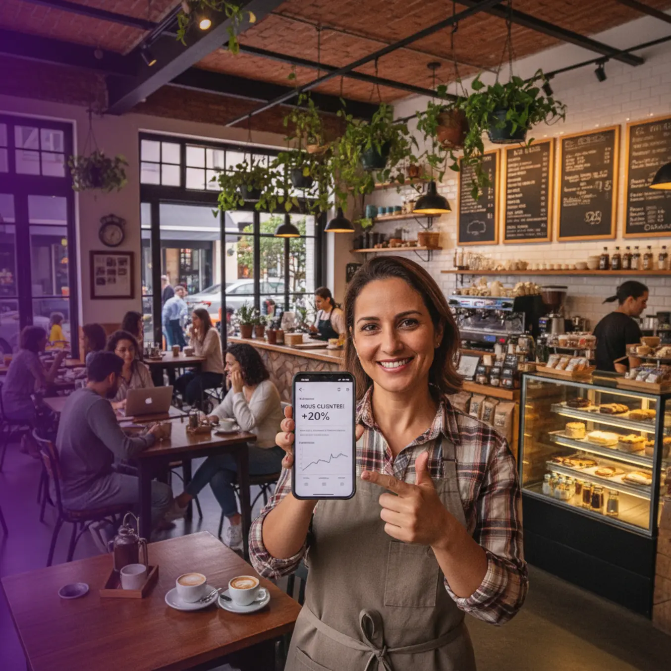 Proprietário de cafeteria sorridente exibe celular em ambiente aconchegante