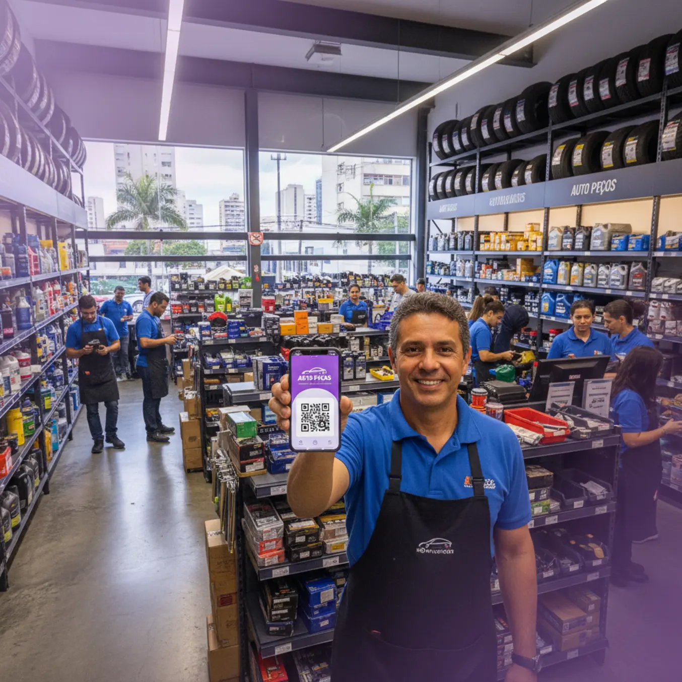 Dono de loja de auto peças sorrindo mostrando celular em estoque organizado
