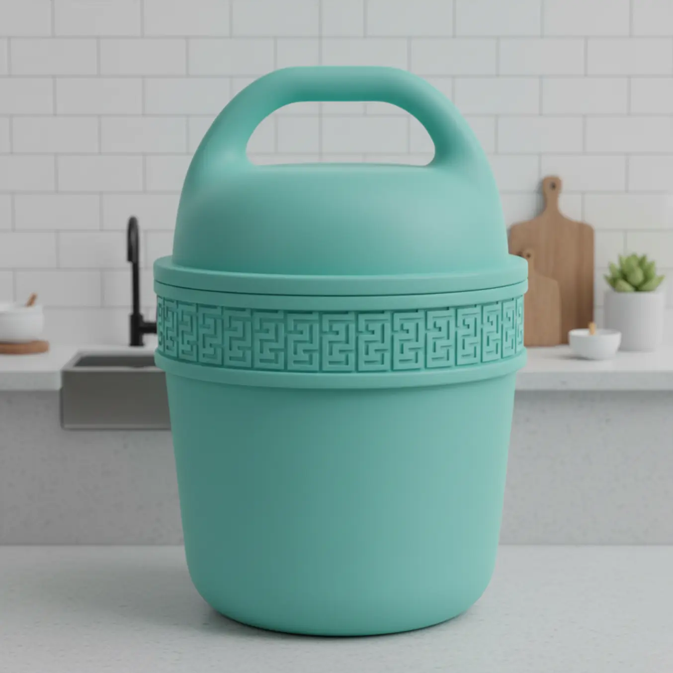 Pote hermético 3D verde em destaque sobre bancada de cozinha minimalista
