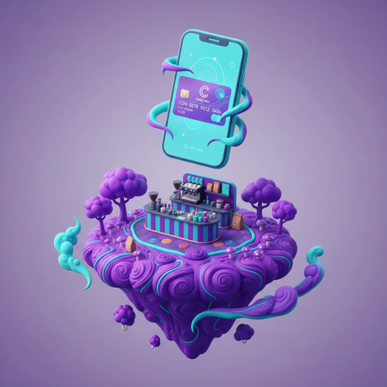 Ilha flutuante 3D de cafeteria com celular exibindo cartão fidelidade