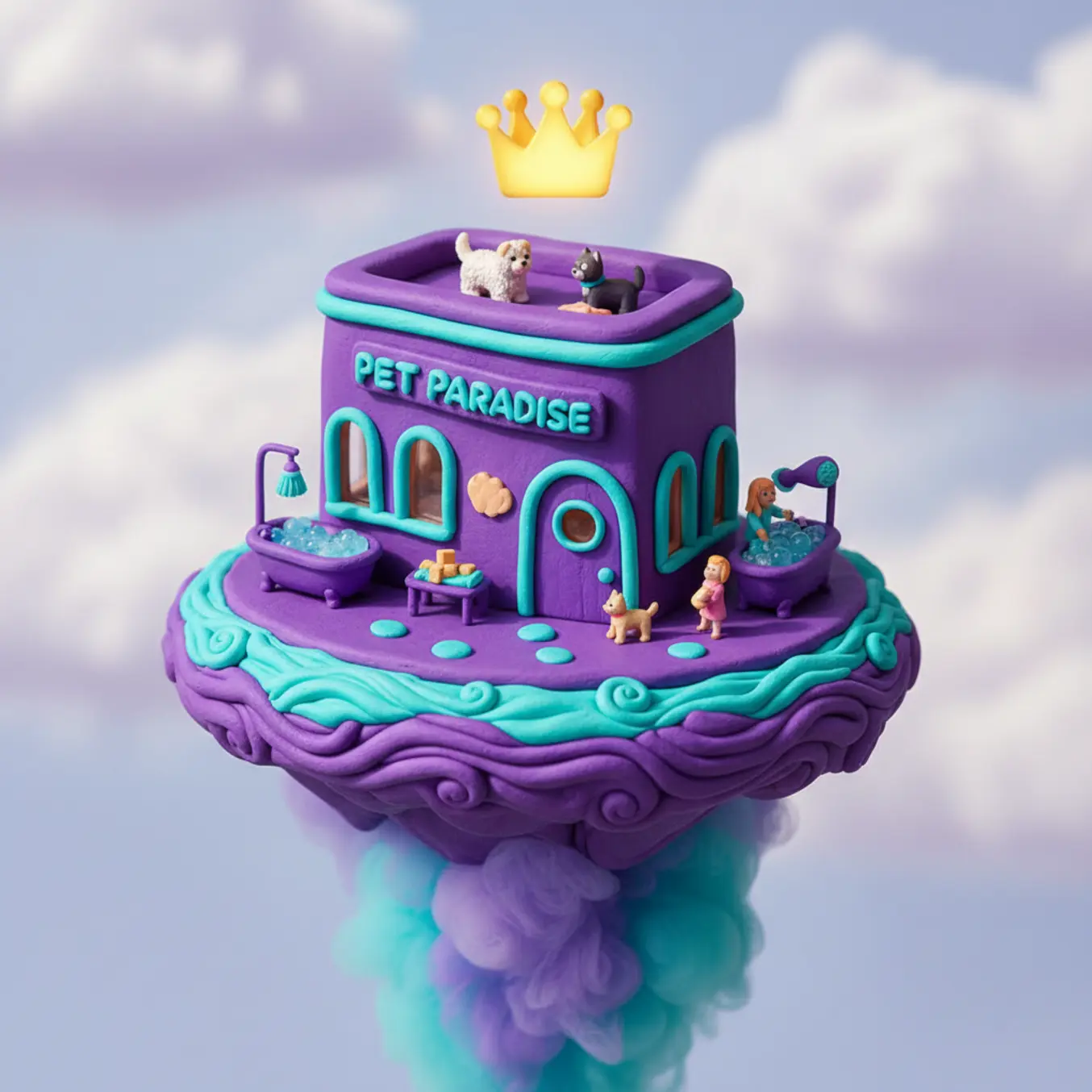 Miniatura 3D de pet shop com coroa dourada simbolizando clube VIP.