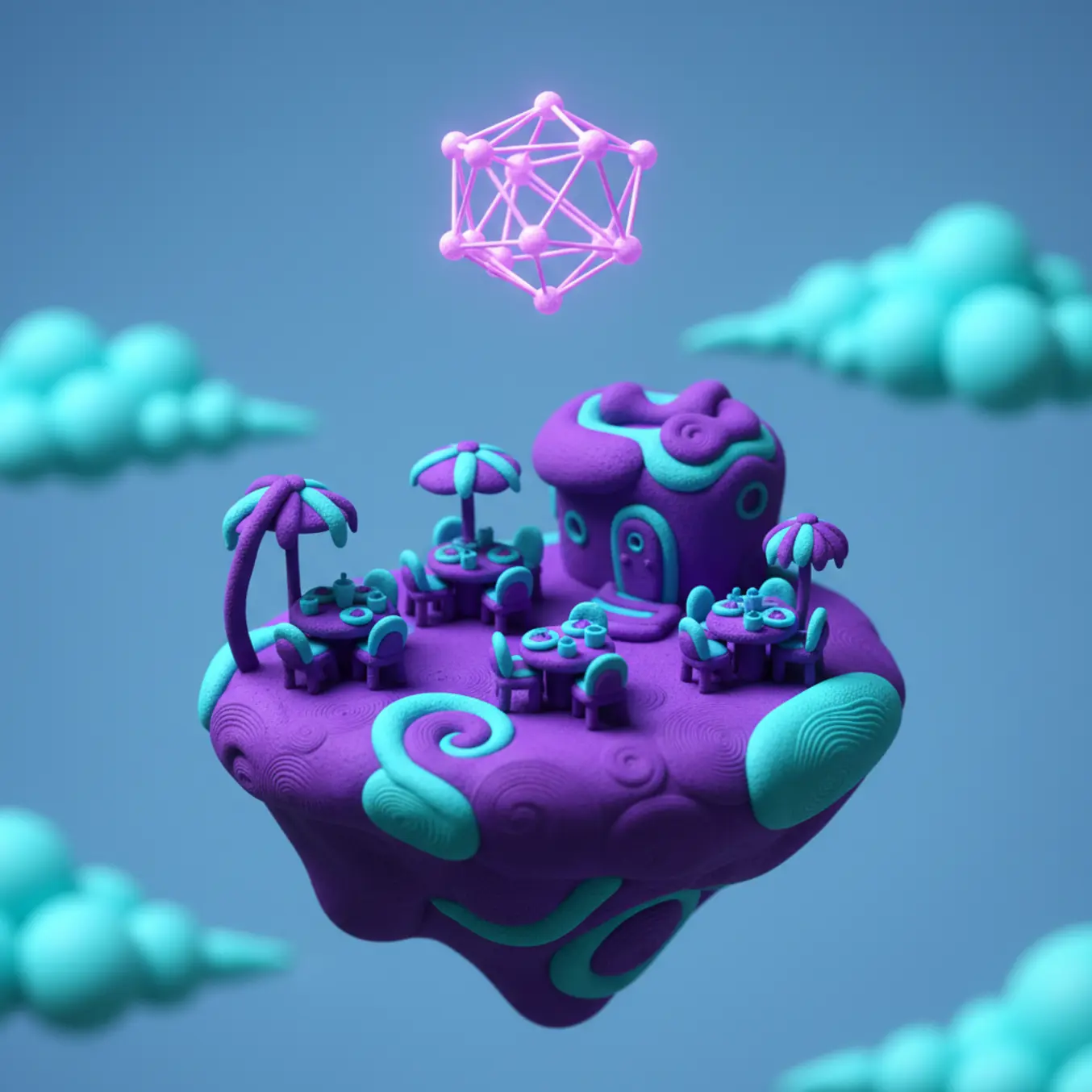 Ilha 3D com restaurante e ícone de rede simbolizando conexões de marketing.