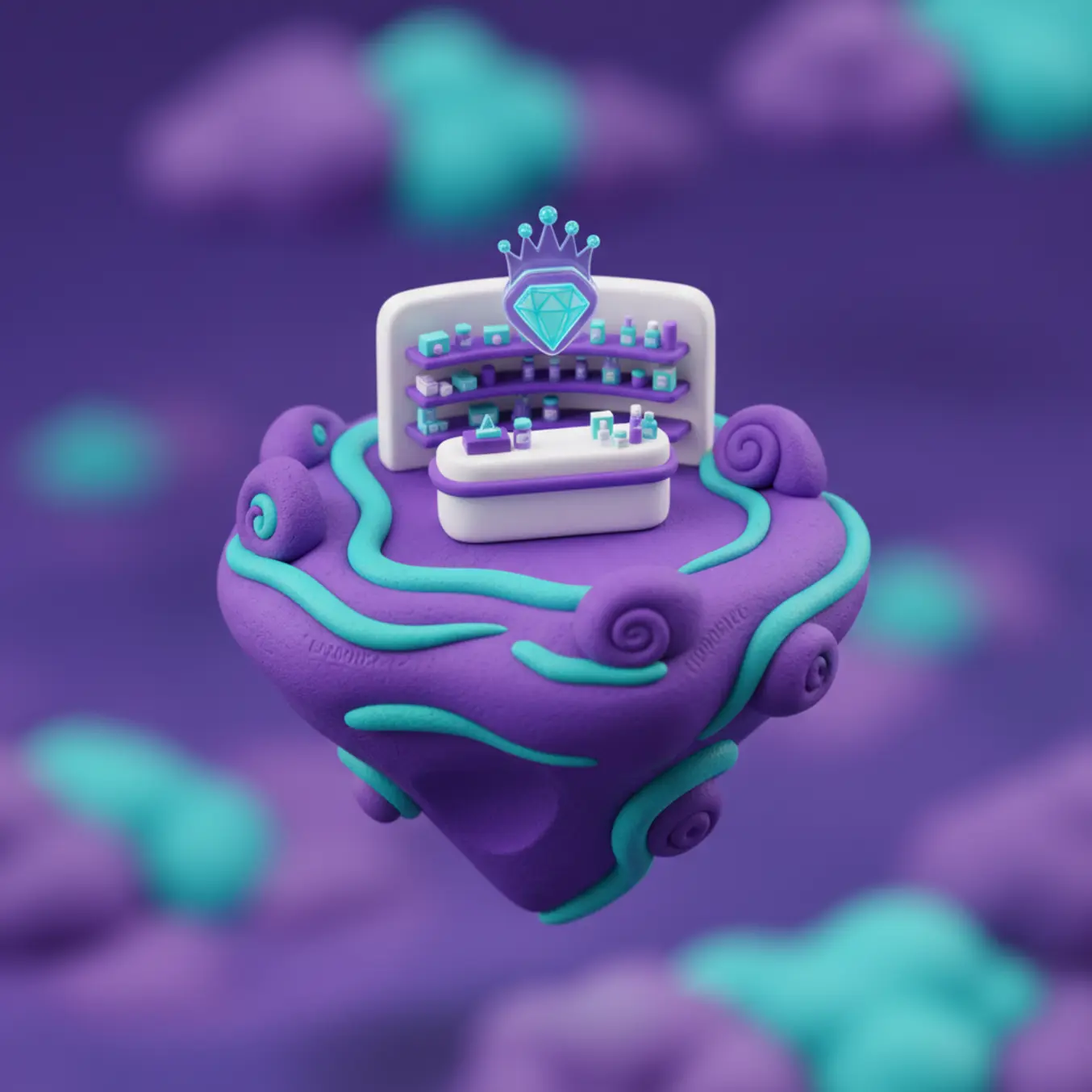 Ilha 3D farmácia com coroa flutuante simbolizando status e exclusividade