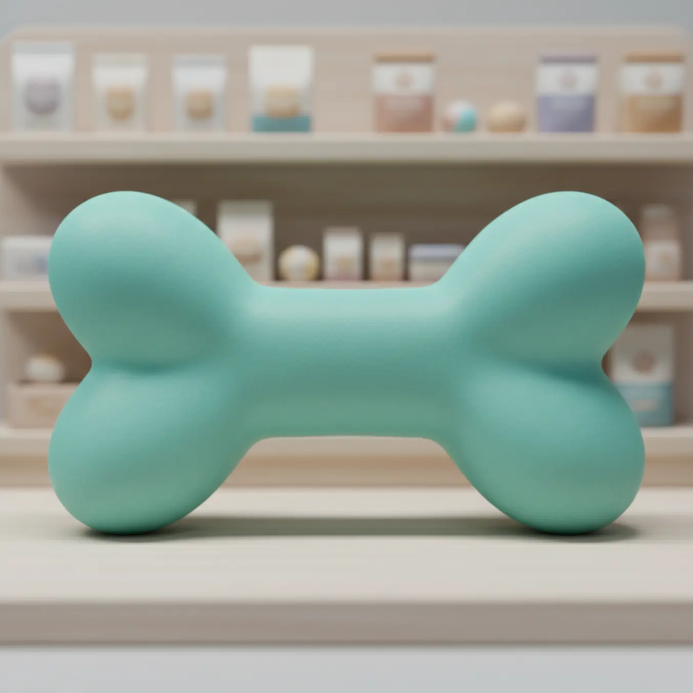 Osso 3D gigante verde ciano em destaque na prateleira de pet shop