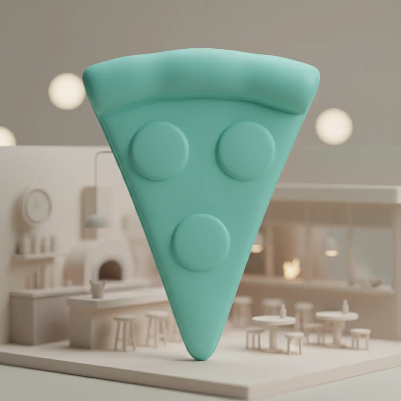 Fatia de pizza 3D estilizada em pizzaria minimalista, ícone verde ciano.