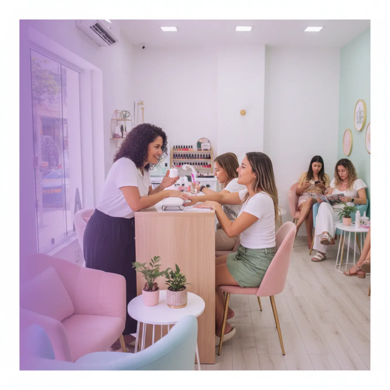 Manicure conversando com cliente em esmalteria aconchegante