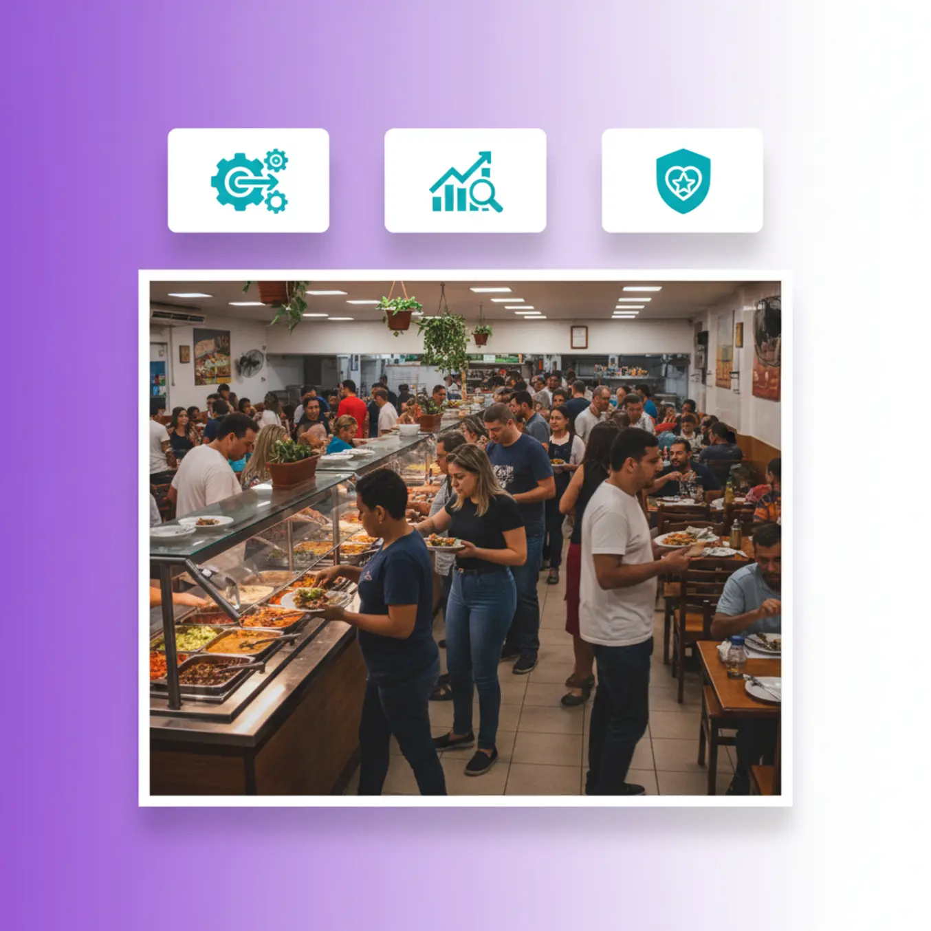 Restaurante self service movimentado com ícones de fidelização e lucro