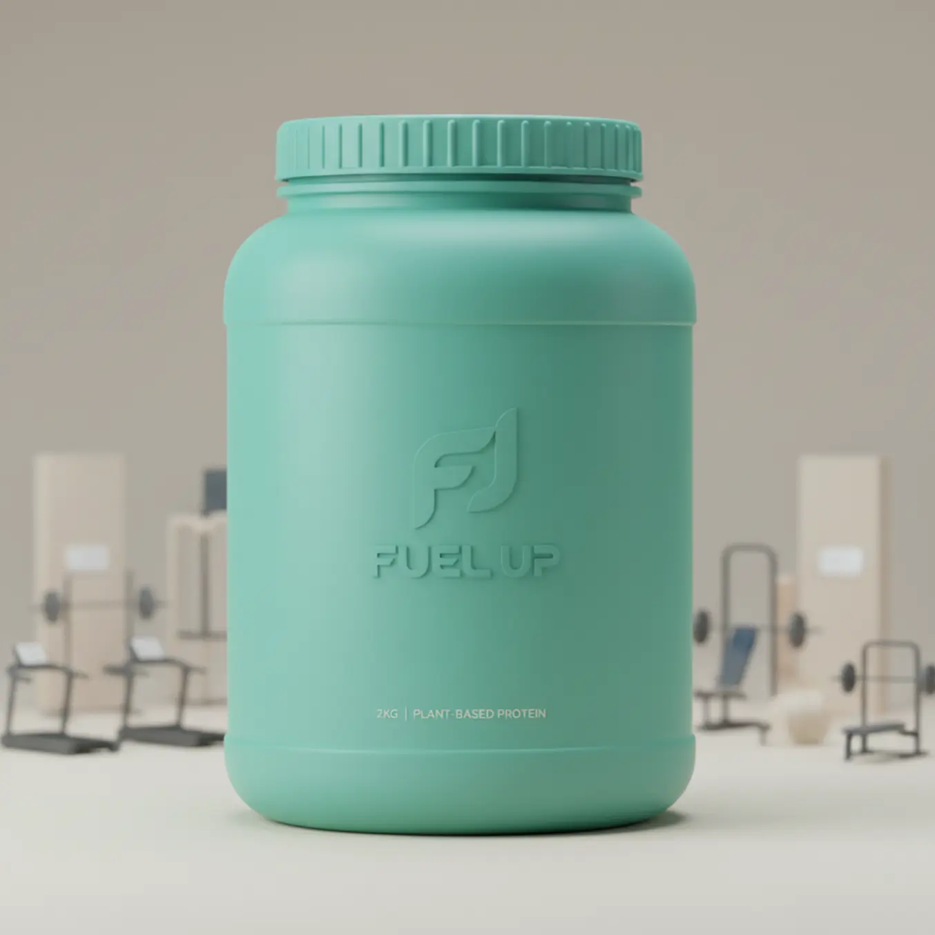 Pote de suplemento 3D verde ciano em destaque fundo academia minimalista