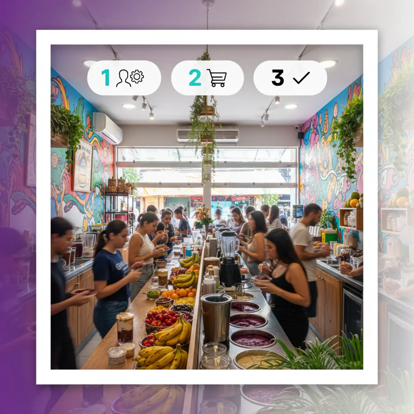 Loja de açaí cheia ilustrando promoções rápidas e eficazes