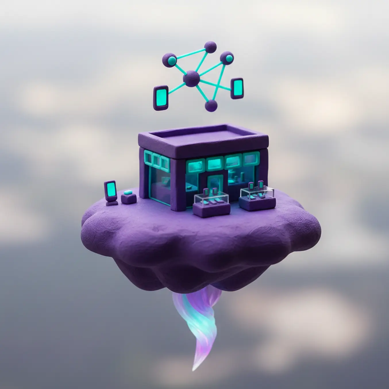 Diorama 3D loja de celular com ícone de conexão e indicações