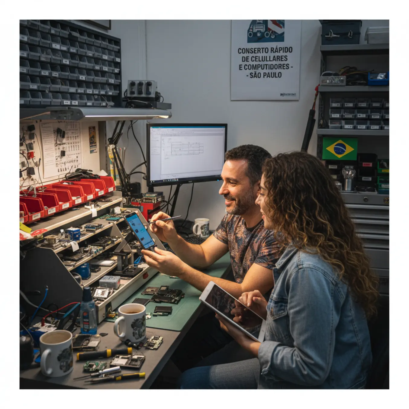 Técnico e cliente sorrindo em bancada de assistência técnica celular organizada