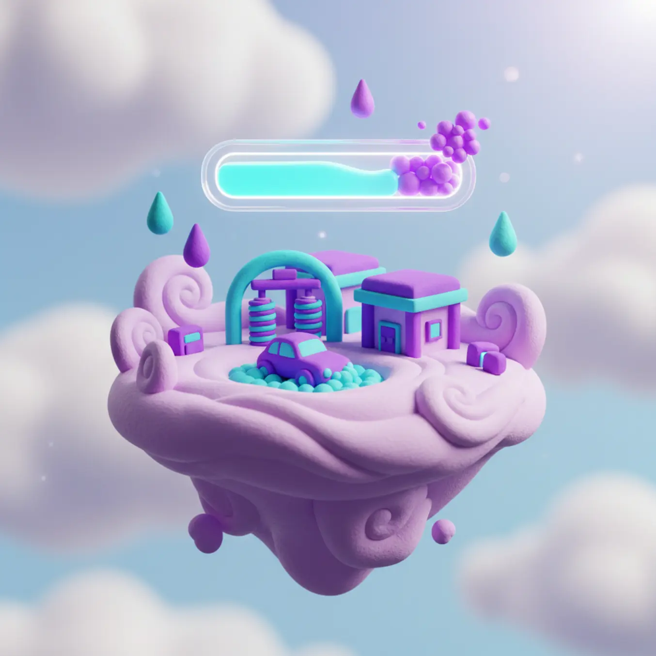 Ilha flutuante 3D com lava rápido e ícone de progresso