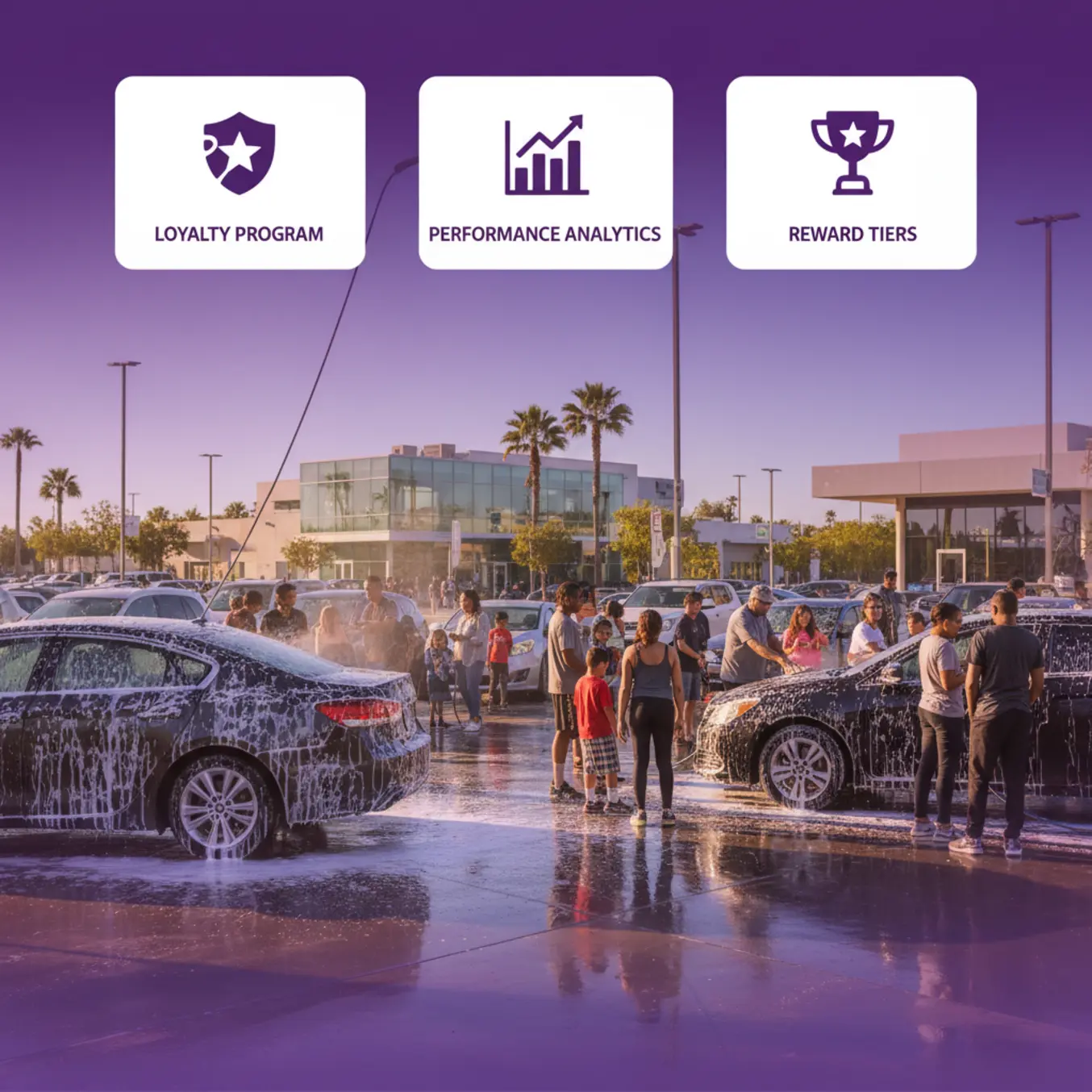 Lava rápido movimentado com carros e espuma sob luz solar