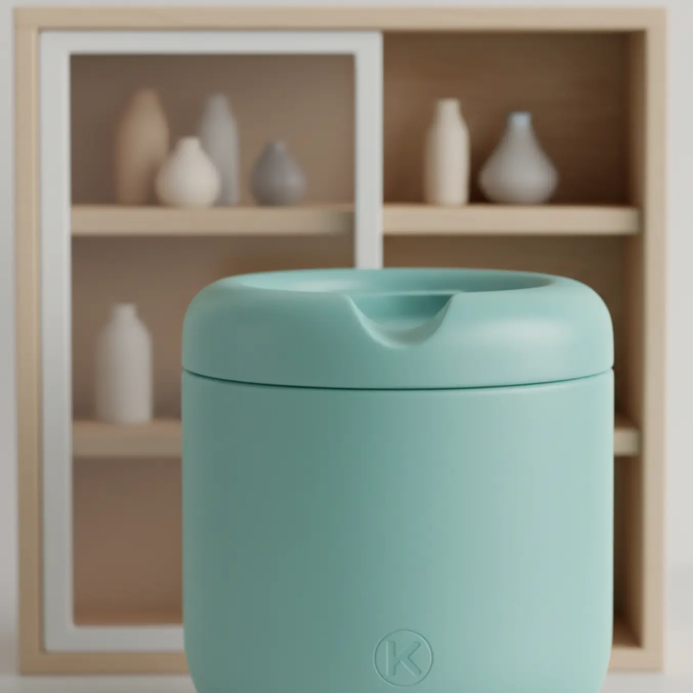 Pote 3D verde ciano destaque para loja de utilidades domésticas.