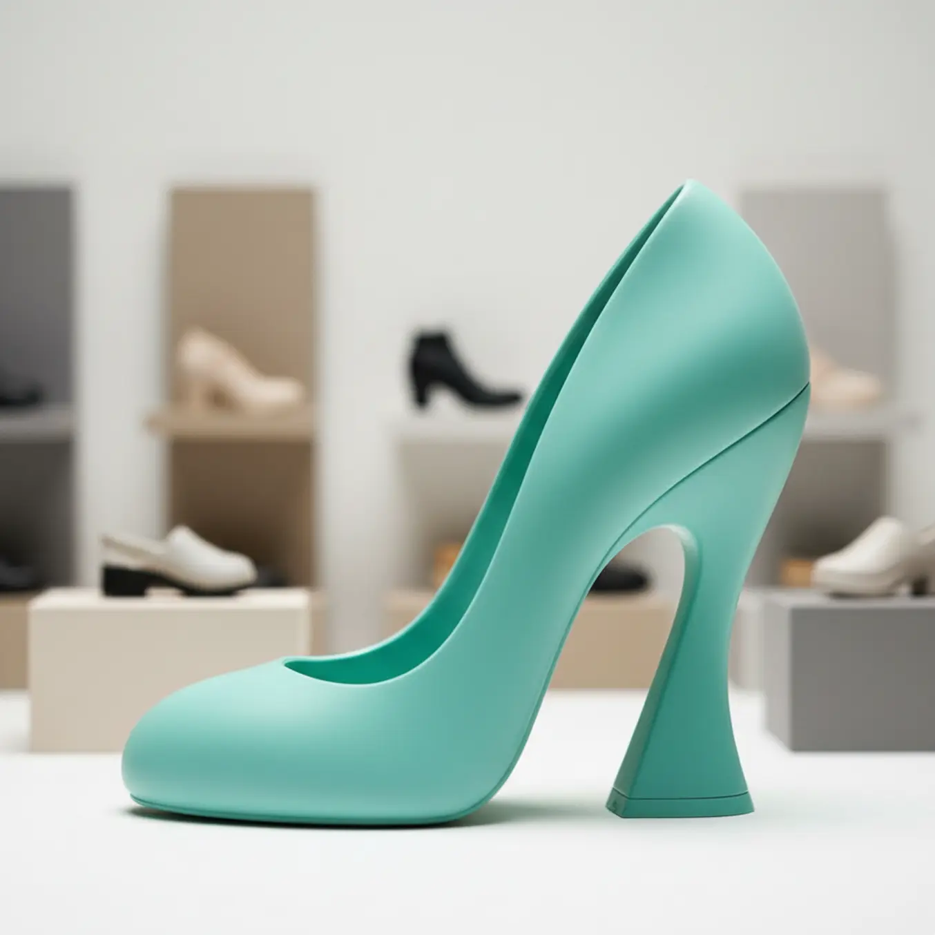 Sapato de salto alto 3D verde estilizado em destaque sobre fundo de loja