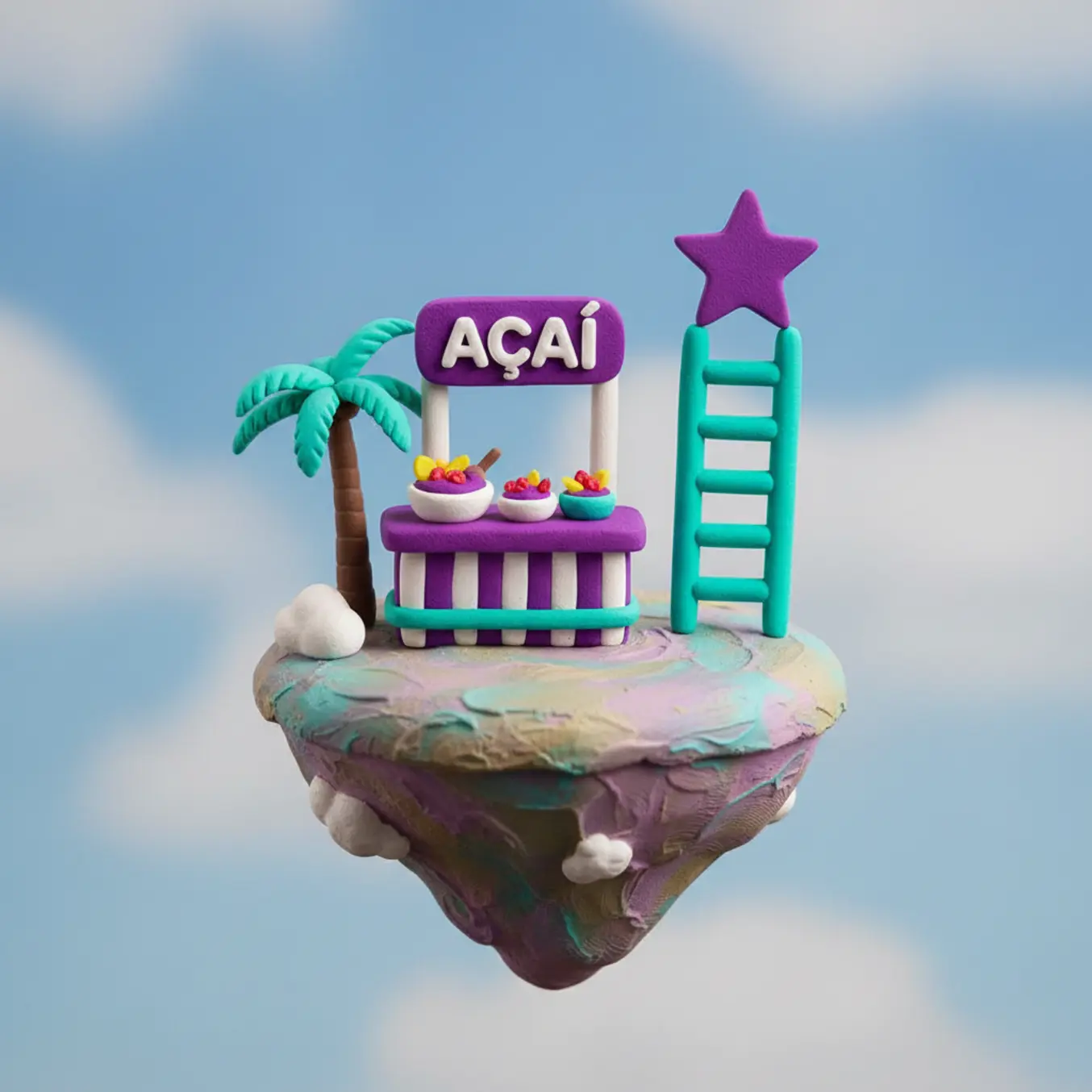 Ilustração 3D de açaiteria com ícone de escada de prêmios flutuante