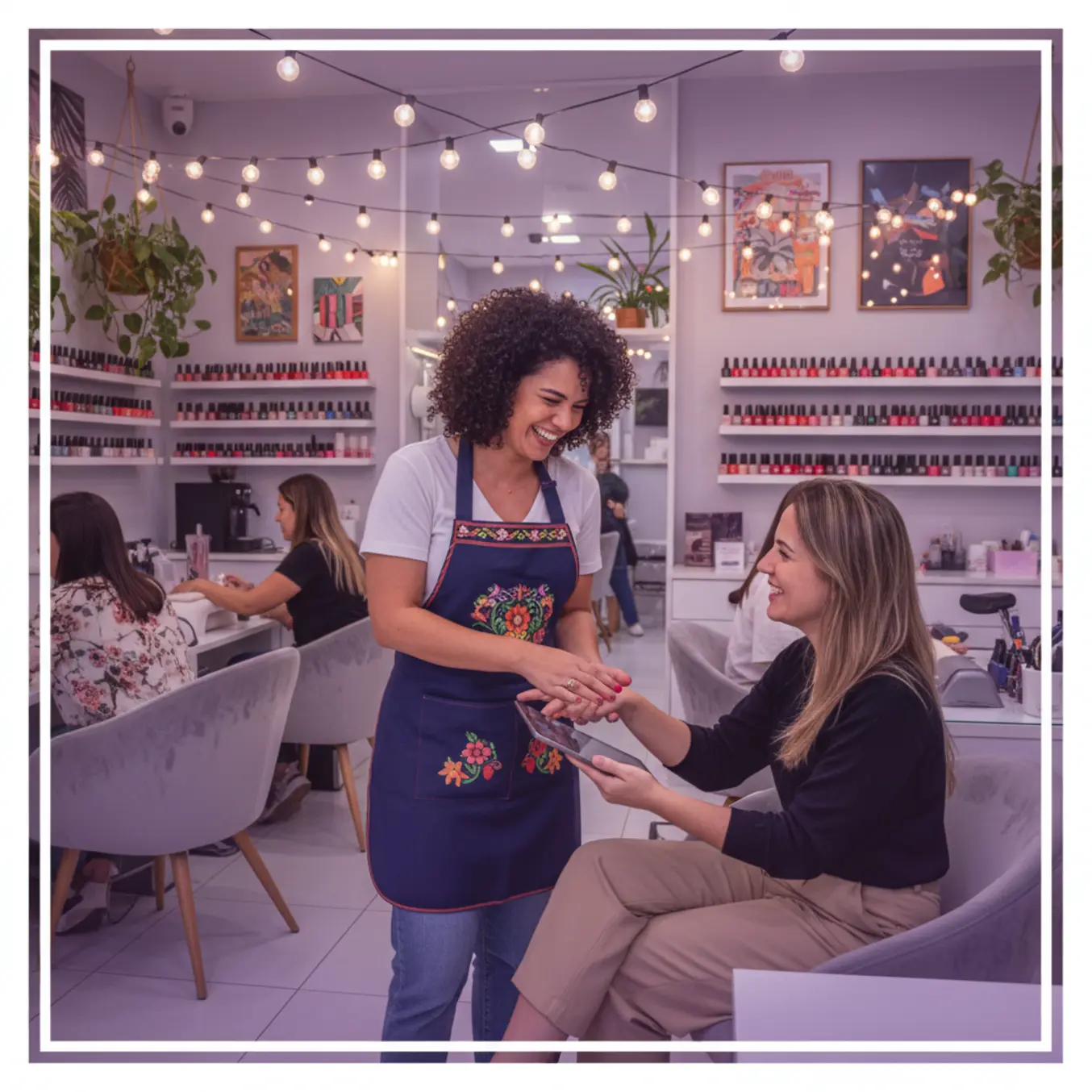 Dona de esmalteria conversando com cliente no balcão de atendimento