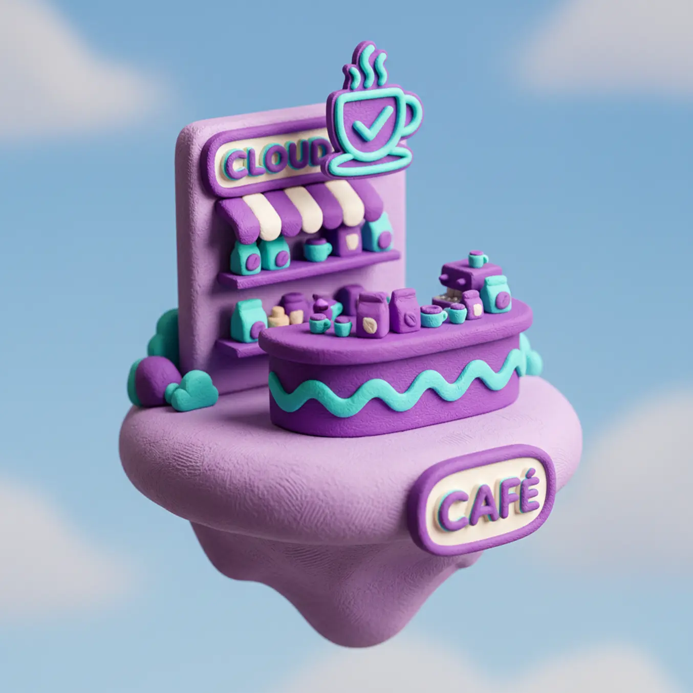 Ilha 3D de cafeteria com ícone de xícara validando cadastro de clientes