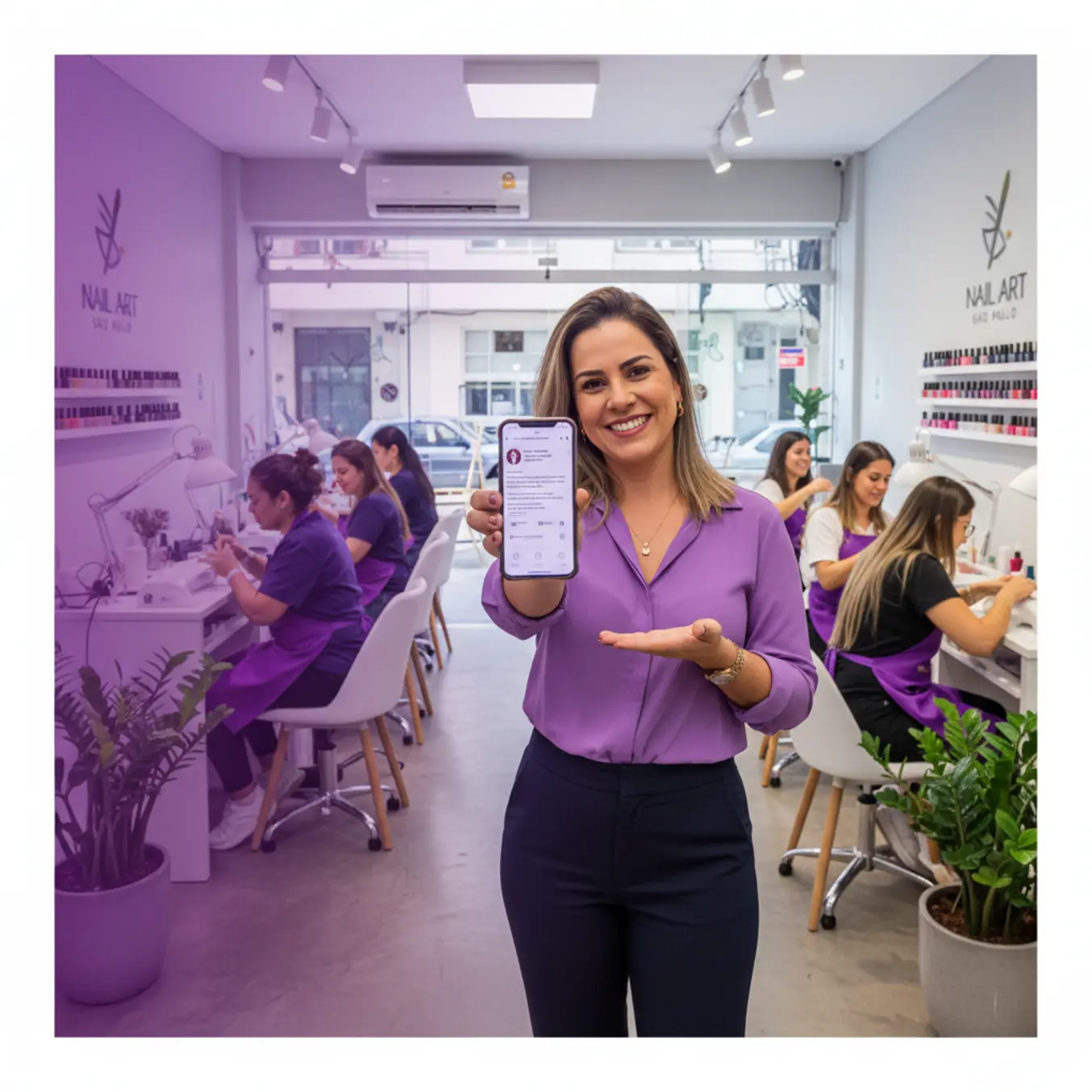 Dona de salão sorrindo mostrando celular em ambiente moderno e iluminado