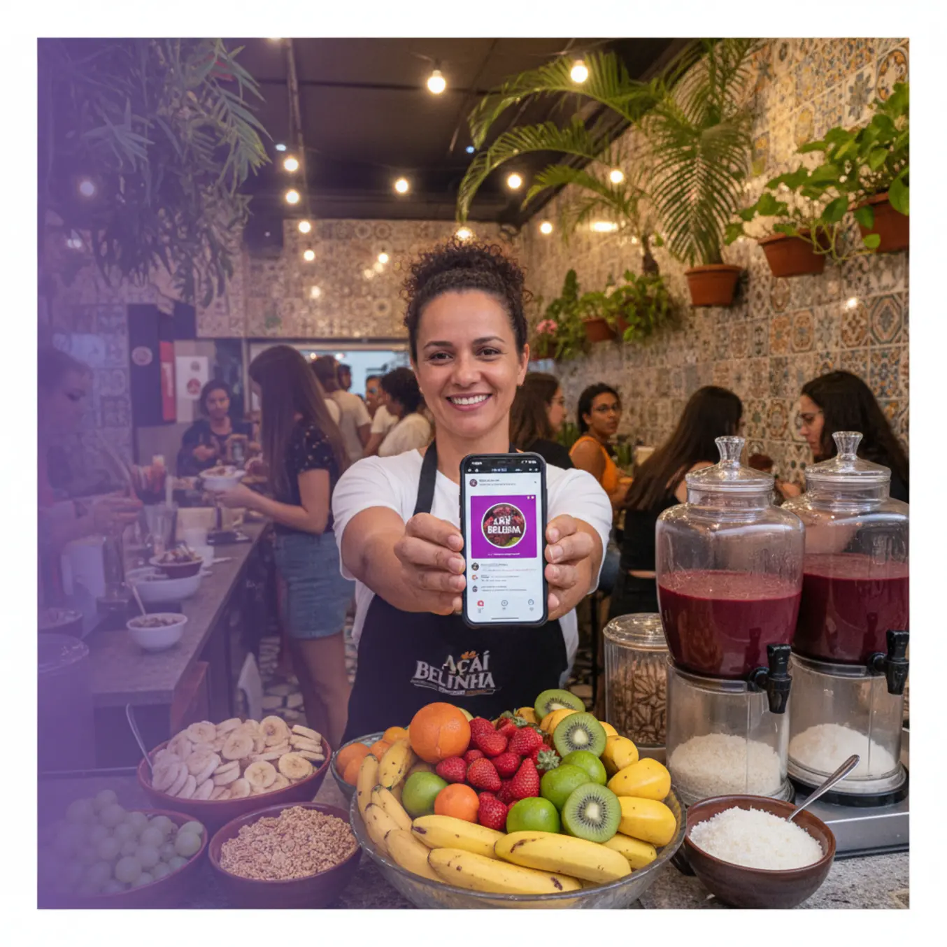 Dono de açaiteria feliz mostrando celular em ambiente vibrante.