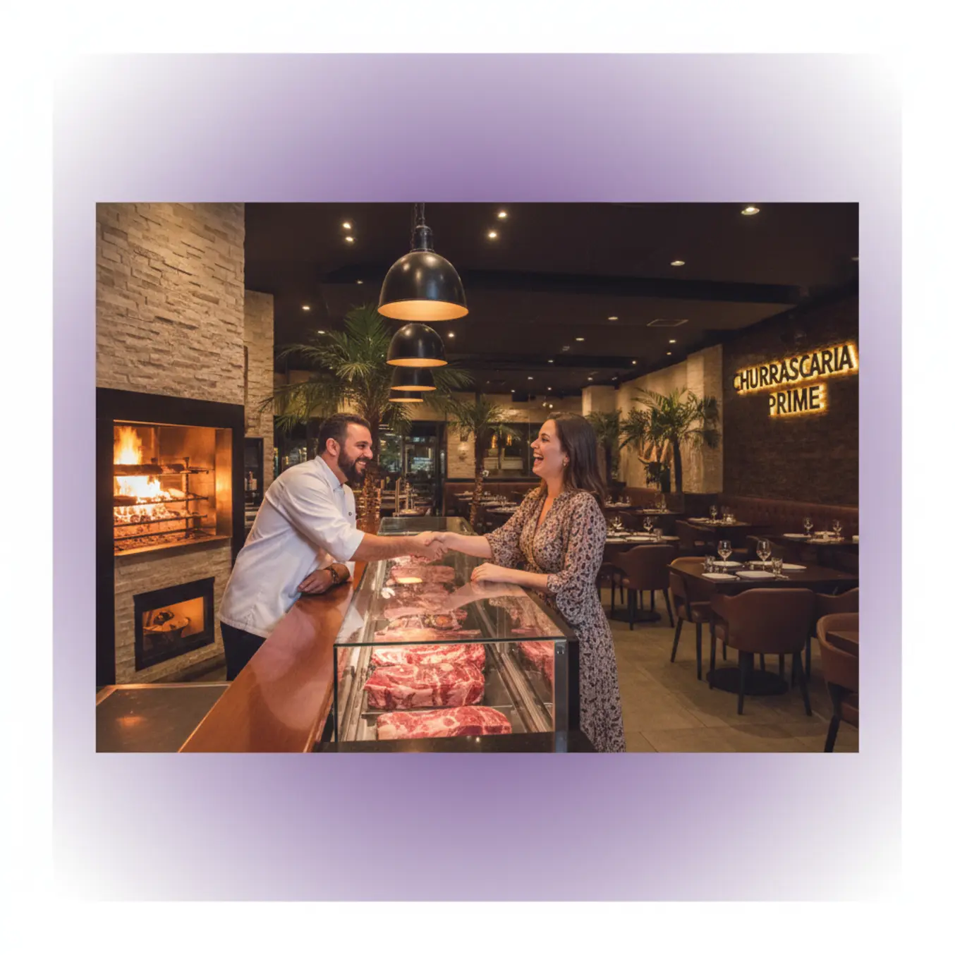 Proprietário atendendo cliente em churrascaria brasileira sofisticada e movimentada