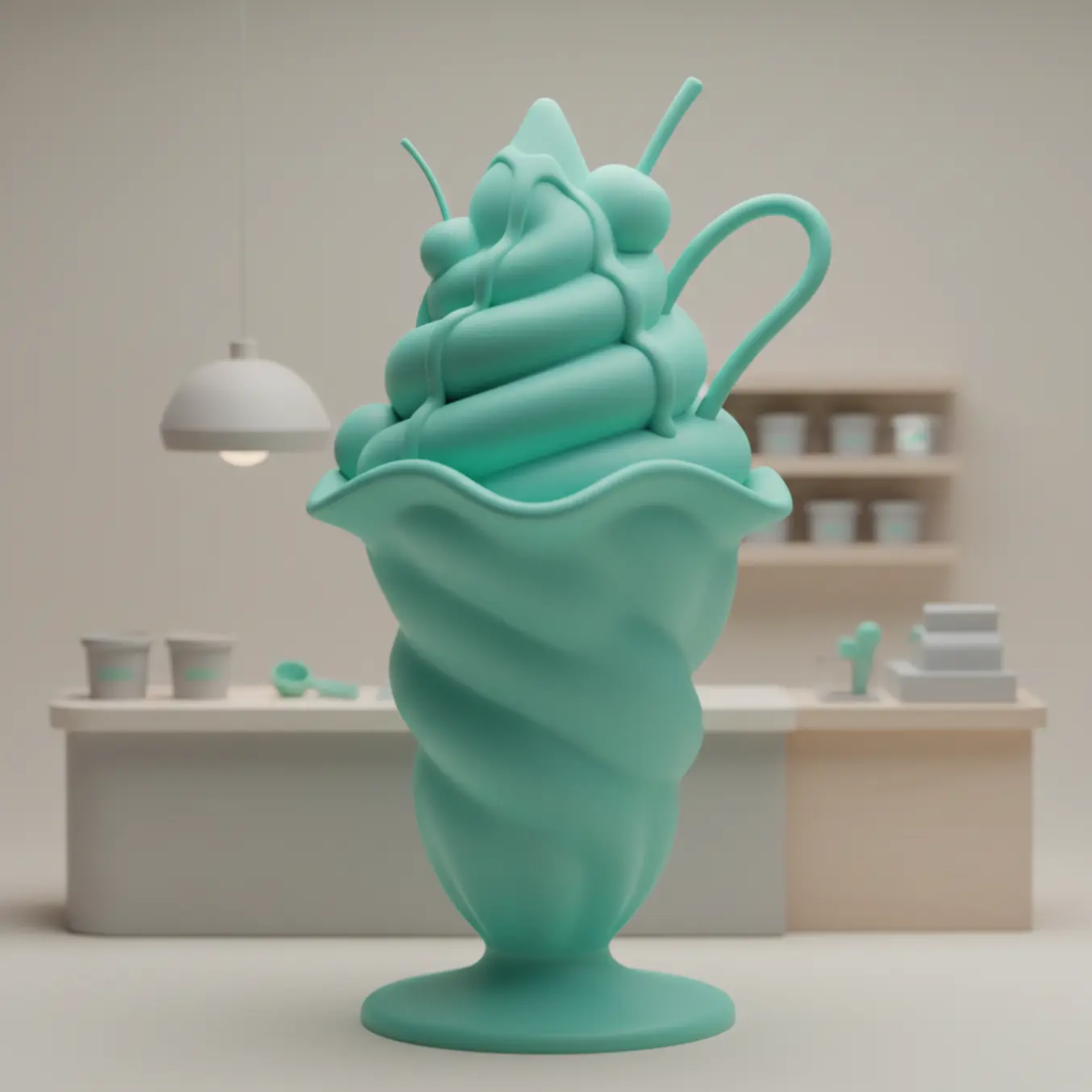 Ilustração 3D de sorvete sundae verde sobre balcão minimalista