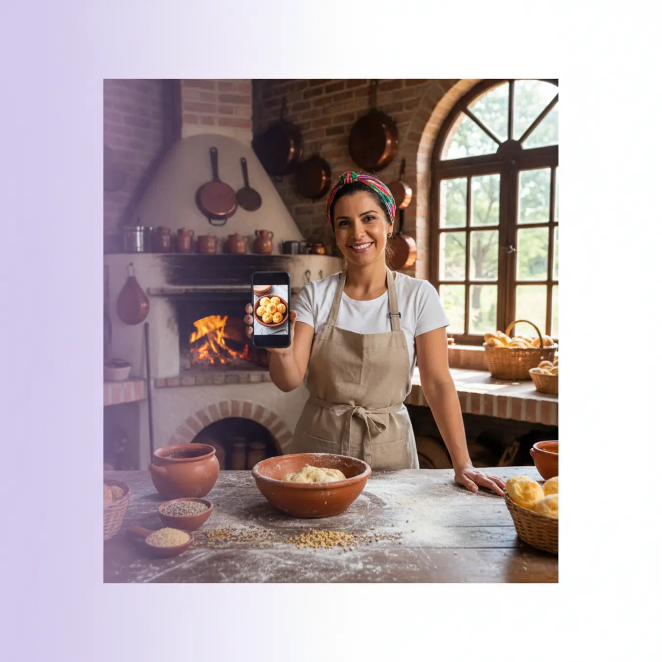 Confeiteira sorridente na cozinha mostrando celular com borda branca