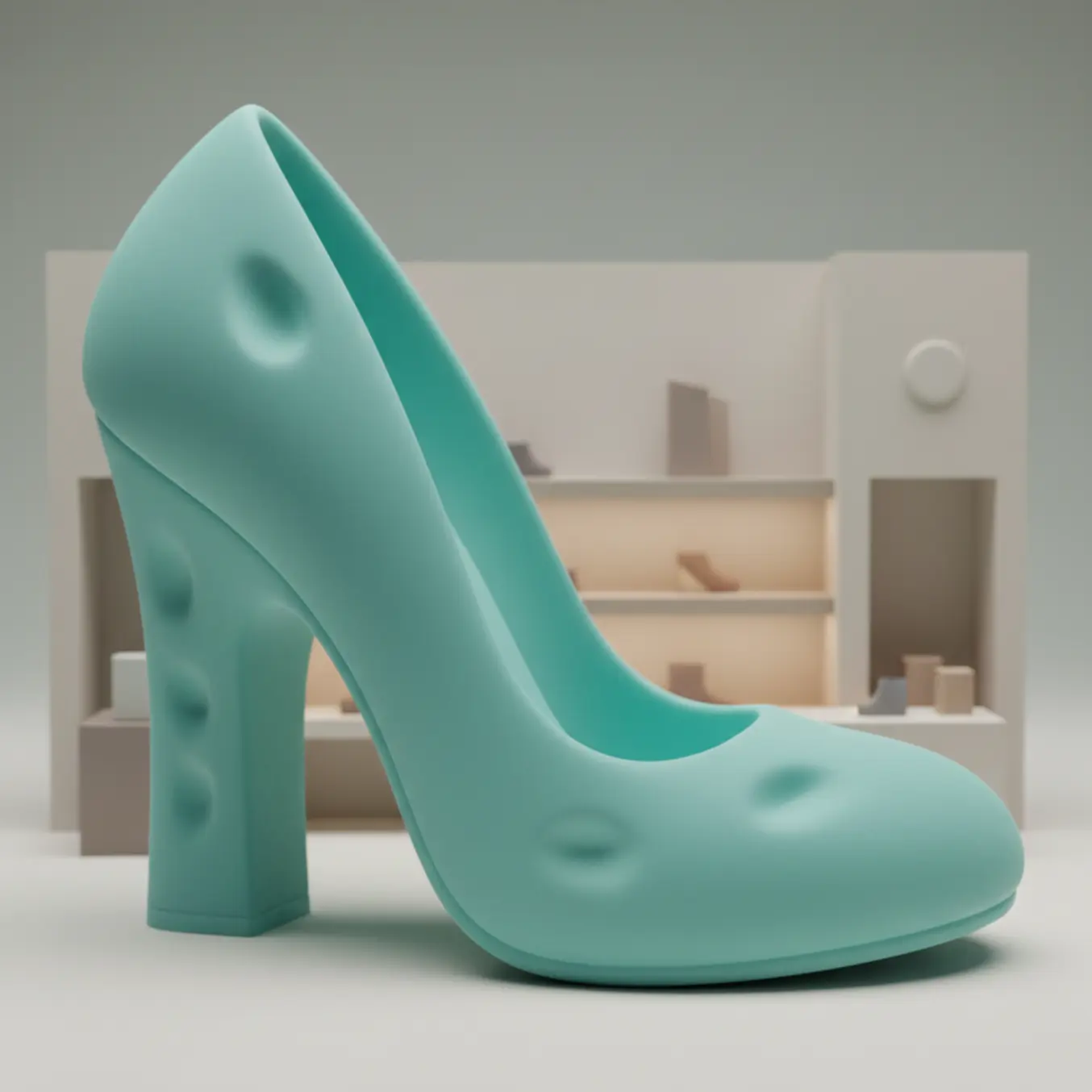 Sapato de salto alto em 3D vibrante com loja de calçados ao fundo