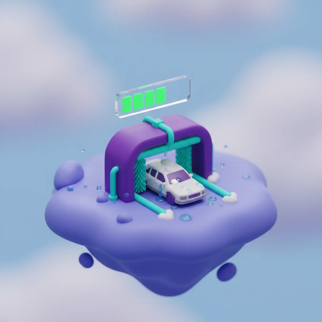 Ilha 3D com lava-rápido e ícone de progresso simbolizando fidelização em pet shop.