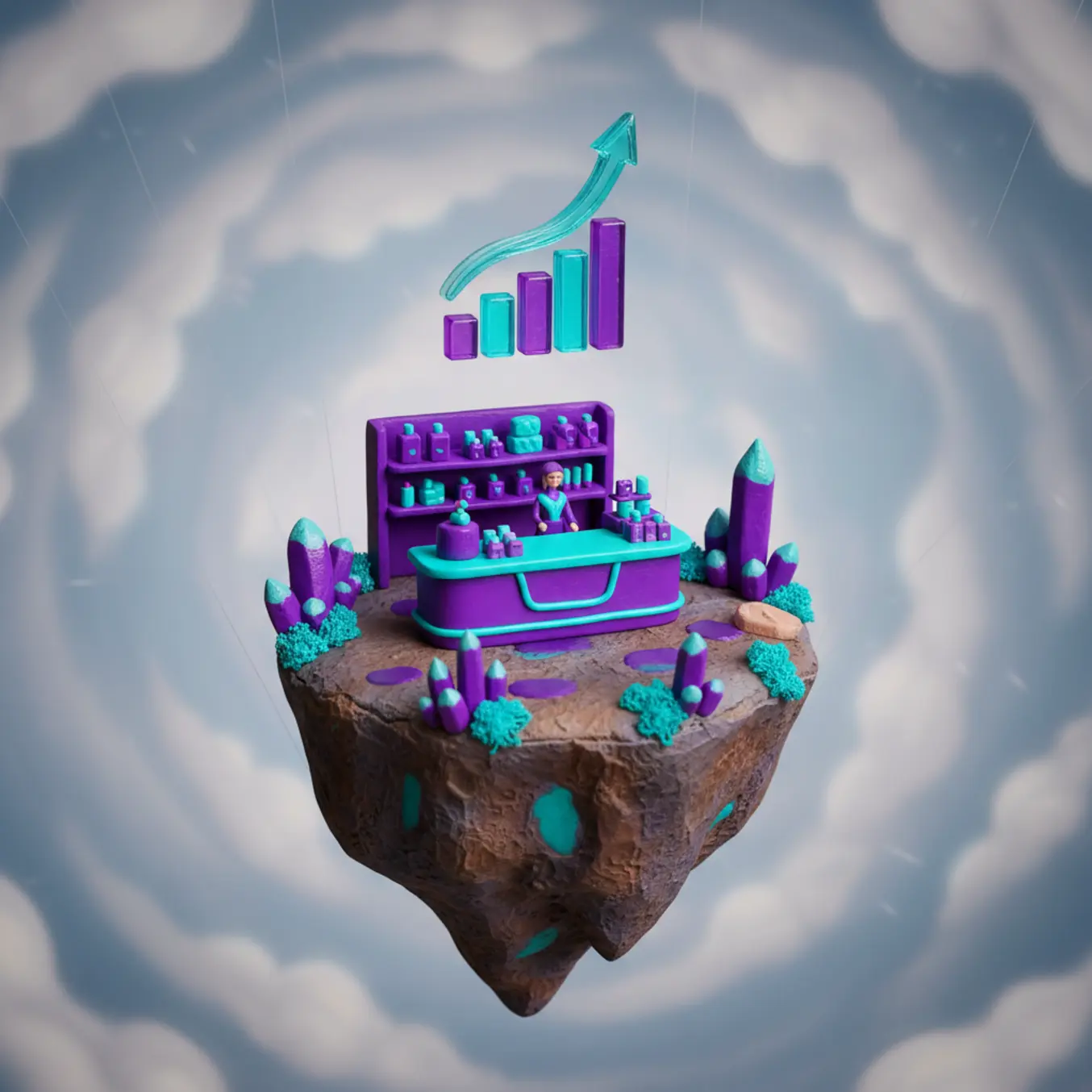 Cenário 3D com gráfico de progresso simbolizando retenção de clientes em lava rápido