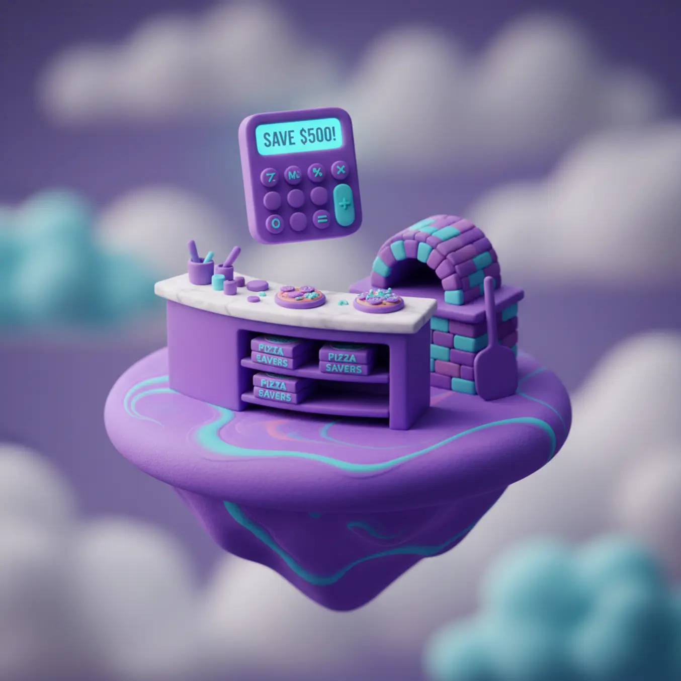 Ilha flutuante 3D com calculadora simbolizando cashback e economia para auto peças