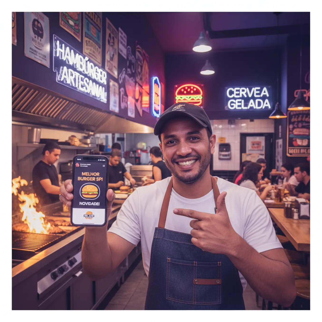 Dono de hamburgueria sorrindo mostrando celular em cozinha profissional.